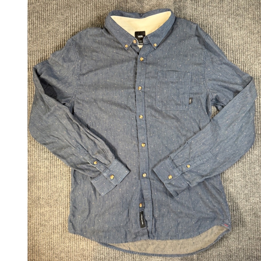 Vans Mens Large Blue Tailored Fit Micro Print Long Sleeve Button Down Shirt